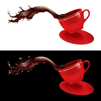 Vector illustration of coffee splashing out of a mug. Red design.