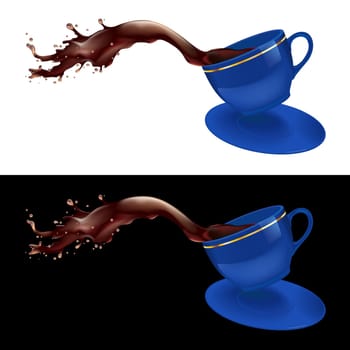 Vector illustration of coffee splashing out of a mug. Blue design.