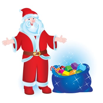 Illustration for Christmas and New Year. Santa Claus. Bag with gifts. Vector