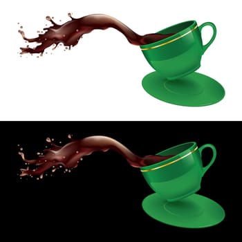 Vector illustration of coffee splashing out of a mug. Green design.