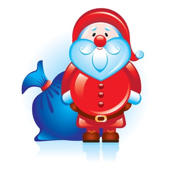 Santa Claus with big blue bag. Vector illustration on white background