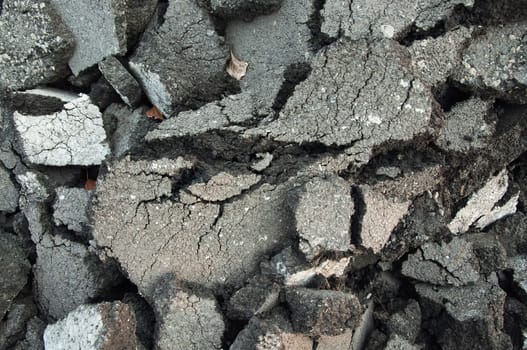 Close up of old black cracked asphalt