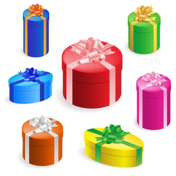 Vector illustration of 7 different round gift boxes with ribbon