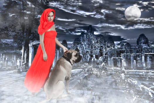 Mysterious image of woman with dog in ruin