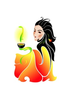 Woman drinking green tea. Vector illustration.