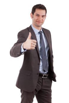 Young caucasian businessman making thumbs up gesture, isolated on white background