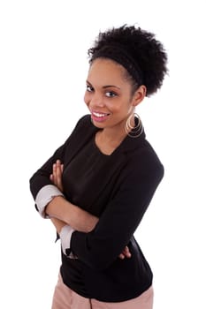 Smiling african american woman with folded arms, isolated on white background
