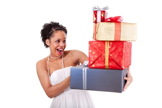 Young African American woman holding gifts boxes , isolated on white background