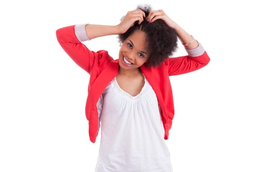 Young african american woman making braids, isolated on white background