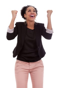 African american woman celebrating success with clenched fists on white background