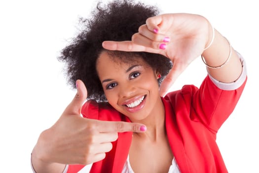 Beautiful african american woman making frame with her hands, isolated on white background