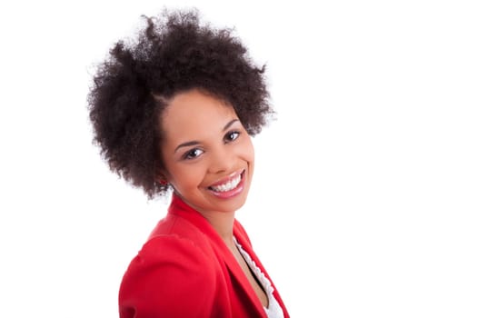 Closeup portrait of a beautiful african american woman, isolated on white background