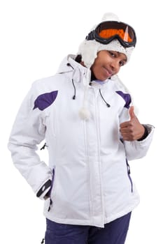 Young african woman in ski clothes making thumbs up, isolated on white background