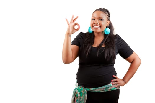 Portrait of happy smiling black woman with okay gesture, isolated on white background