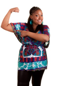 Young beautiful african american woman showing her muscle, isolated on white background