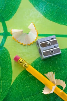 Pencil sharpneer and pencil on green texture