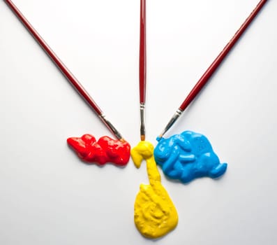 Paintbrushes with Blue, yellow and red Colors on white background