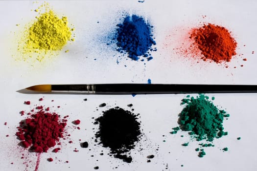 Various pigments colors and brush on a white backround