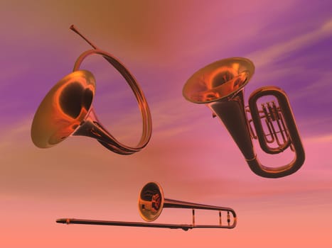 Brass band instruments in pink background