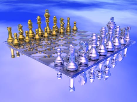 Chessboard with golden and silver figures in blue background