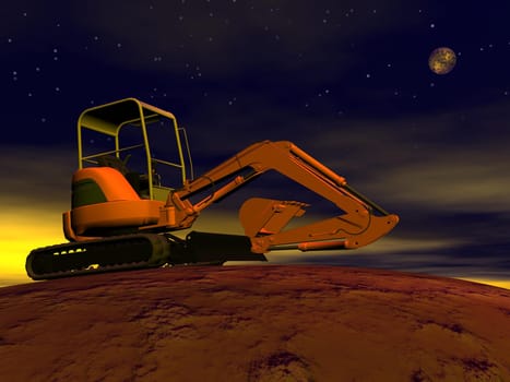 Orange excavator upon ground by night with full moon