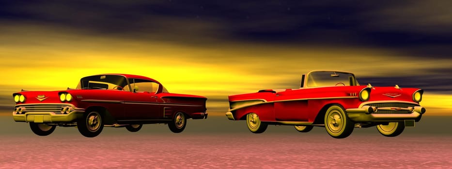 Two red old cars from 60&#039 s in colorful background
