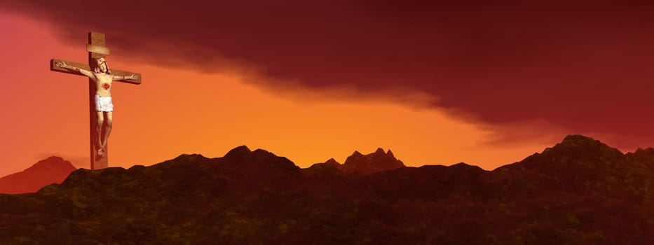 Jesus Christ on the cross among the rocky mountains by sunset