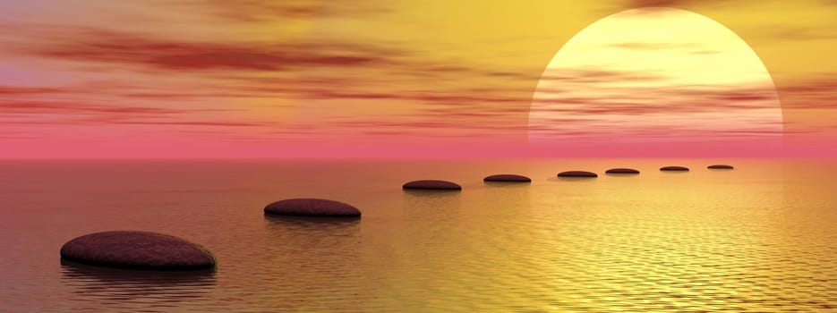 Grey stones steps upon the ocean going to the sun by cloudy sunset