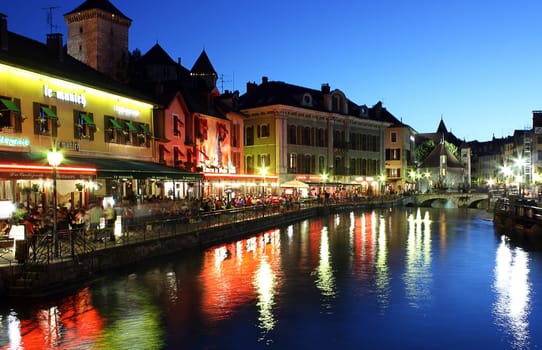 Palace of Isle ( Palais d&#039 Isle ) by night at Annecy (Haute-Savoie)  in France