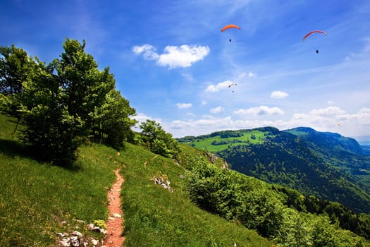 Paragliding in the blue sky in summer