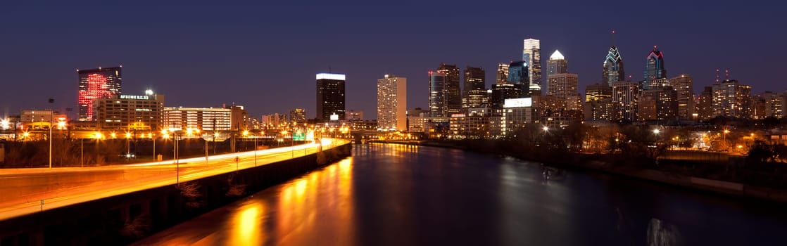 Panoramic view of Philadelphia Skyline  by night