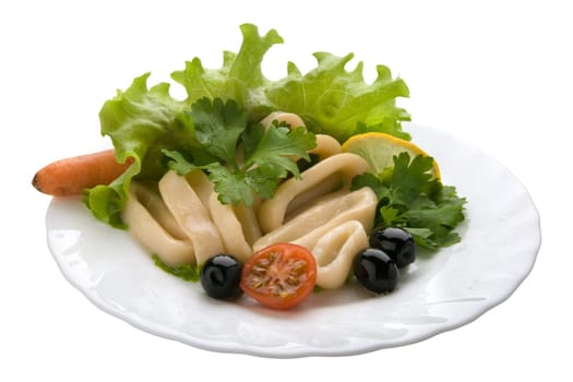 Salad with Calamari Rings. Isolated on White Background