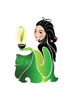 Woman with cup of green tea on white background