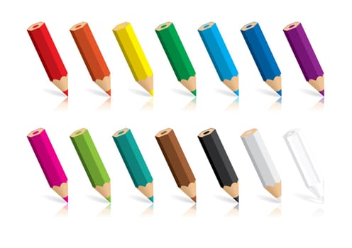 Rows of standing color pencils isolated on white background