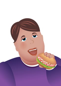 Angry boy eating hamburger. Illustration on white