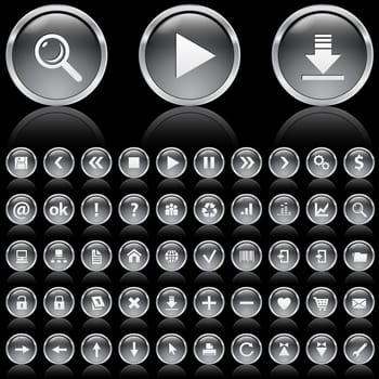 Set of black and white glossy icons on white background