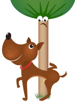 Dog urinating on tree. Illustration on white background