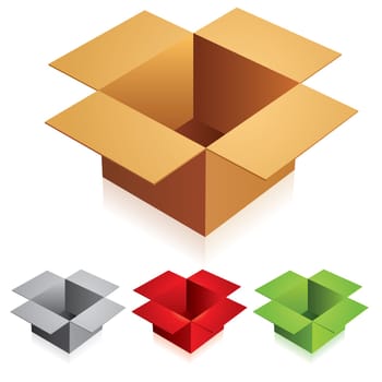Illustraion of open color cardboard boxes with bottom.
