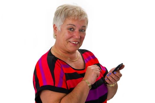 Senior woman using smartphone - isolated on white background