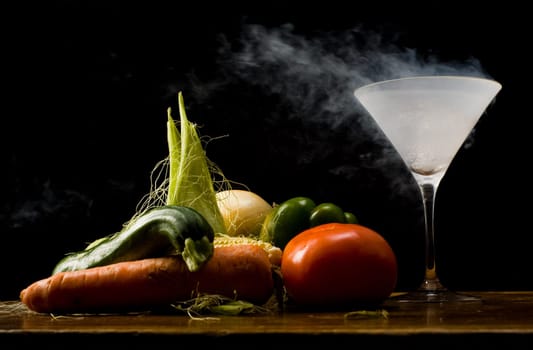 Still life of vegetables and liquid nitrogen