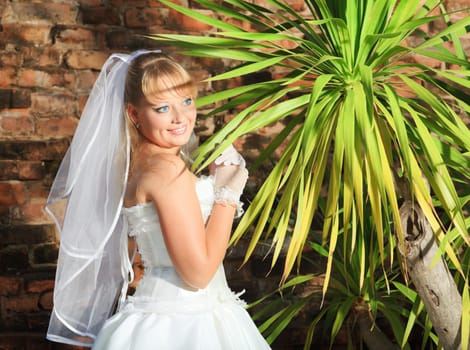Beautiful young bride in wedding dress outdoor