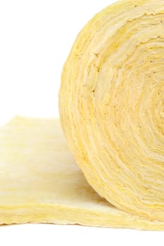 Roll of fiberglass insulation material, isolated on white background.