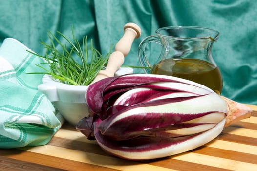fresh salad on wooden cutting board bamboo