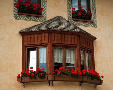 a balcony with flowers typical of the South Tyrol