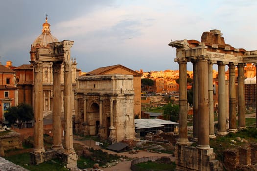 The ancient part of Rome lighted by the sunset
