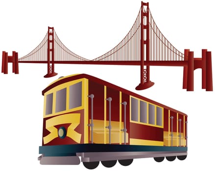 San Francisco Cable Car Trolley and Golden Gate Bridge Illustration