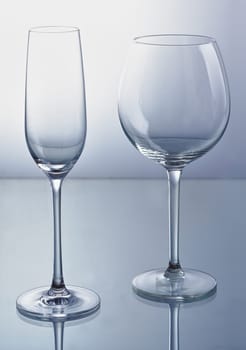 Empty wine and champagne glass with reflexion.