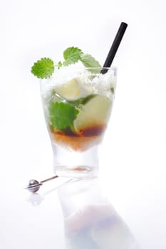 Mojito Cocktail with fresh Limes slices and Cuban Mint isolated on white background for your alcohol beverage concepts