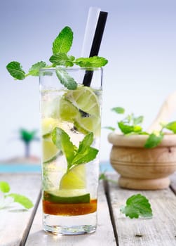 Refreshing lemon or lime cocktail served cold in a tall glass with vodka or gin and garnished with mint, perfect for that summer vacation