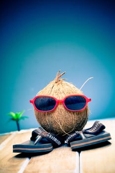 Humorous image of a coconut gent out sightseeing in his trendy red sunglasses on his summer vacation in the tropics